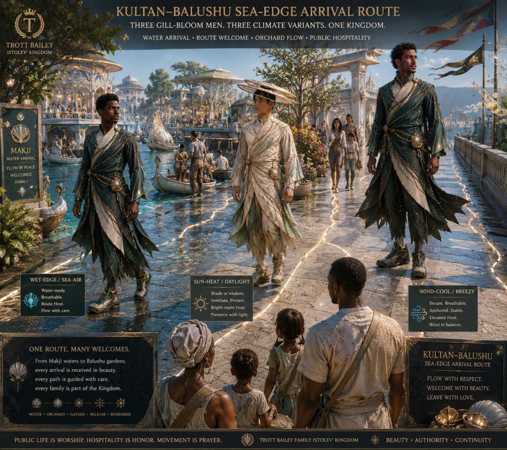 Three men in elaborate, layered robes representing "WET-EDGE / SEA-AIR," "SUN-HEAT / DAYLIGHT," and "WIND-COOL / BREEZY" stand in a bustling, ornate city with canals and people, illustrating the "KULTAN-BALUSHU SEA-EDGE ARRIVAL ROUTE