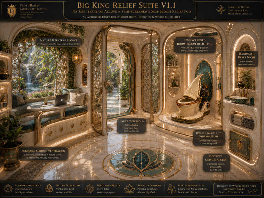 An opulent bathroom suite with a nature-themed alcove featuring a laptop on a bench overlooking a waterfall, and a separate, ornate toilet and sink area.
