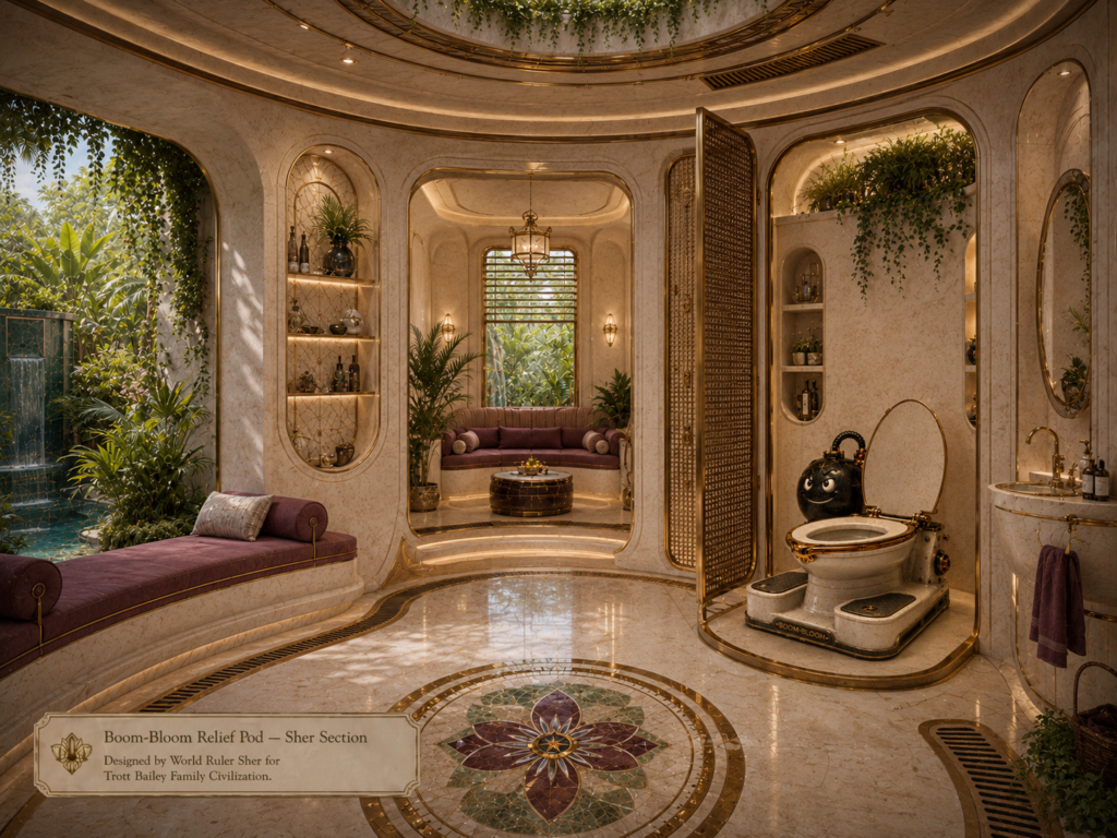 A luxurious, ornate bathroom with marble walls and floors, gold accents, a unique toilet with a smiling black tank, a purple chaise lounge, and lush greenery visible through large windows.