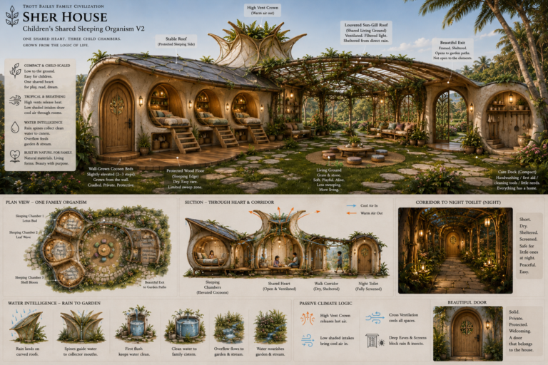 An architectural diagram of a “Sher House,” a sustainable, nature-integrated dwelling with three sleeping chambers, a shared living area, and a “Care Dock,” surrounded by lush tropical plants