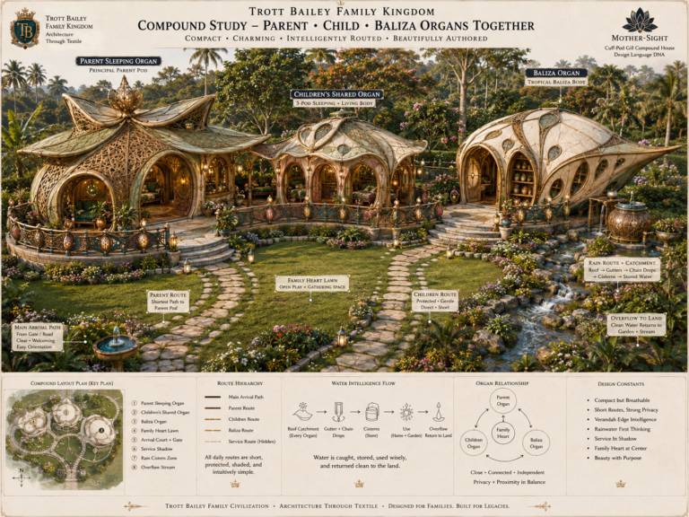 An architectural rendering of a “Compound Study” with three organic-shaped buildings, winding paths, lush greenery, and a waterfall, labeled “Parent Sleeping Organ,” “Children’s Shared Organ,” and “Baliza Organ