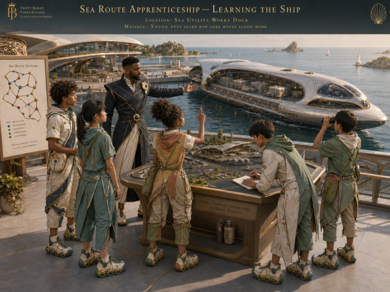 An adult man in a futuristic uniform teaches five children about a sea route network and a large, sleek ship docked in a harbor