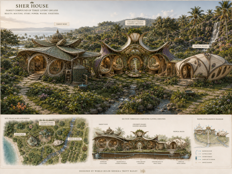 An architectural rendering of the “Sher House” family compound, featuring three organic-shaped buildings nestled in a lush tropical landscape with a waterfall, beach, and detailed diagrams of the site plan and water intelligence