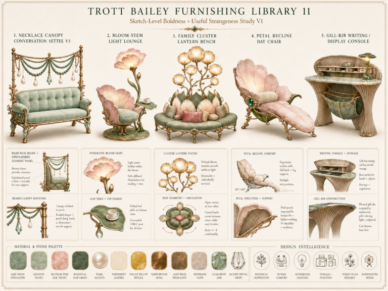 A design board titled “Trott Bailey Furnishing Library 11” showcasing five ornate, nature-inspired furniture pieces with detailed descriptions and a material palette