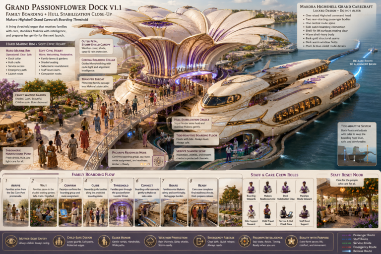 An infographic titled “Grand Passionflower Dock V1.1” shows a futuristic dock with a large flower-shaped structure, people boarding a sleek white vessel, and detailed descriptions of the boarding process and features