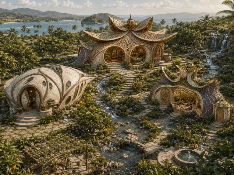 Three ornate, organic-shaped buildings with intricate details are nestled in a lush, tropical landscape with waterfalls, streams, and a distant ocean