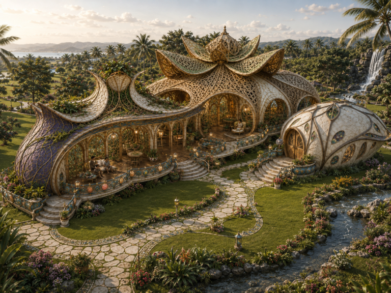 An ornate, organic-shaped building with a large, lotus-like roof and a smaller egg-shaped structure, surrounded by lush tropical gardens, palm trees, and a waterfall, with a winding stone path and a distant ocean