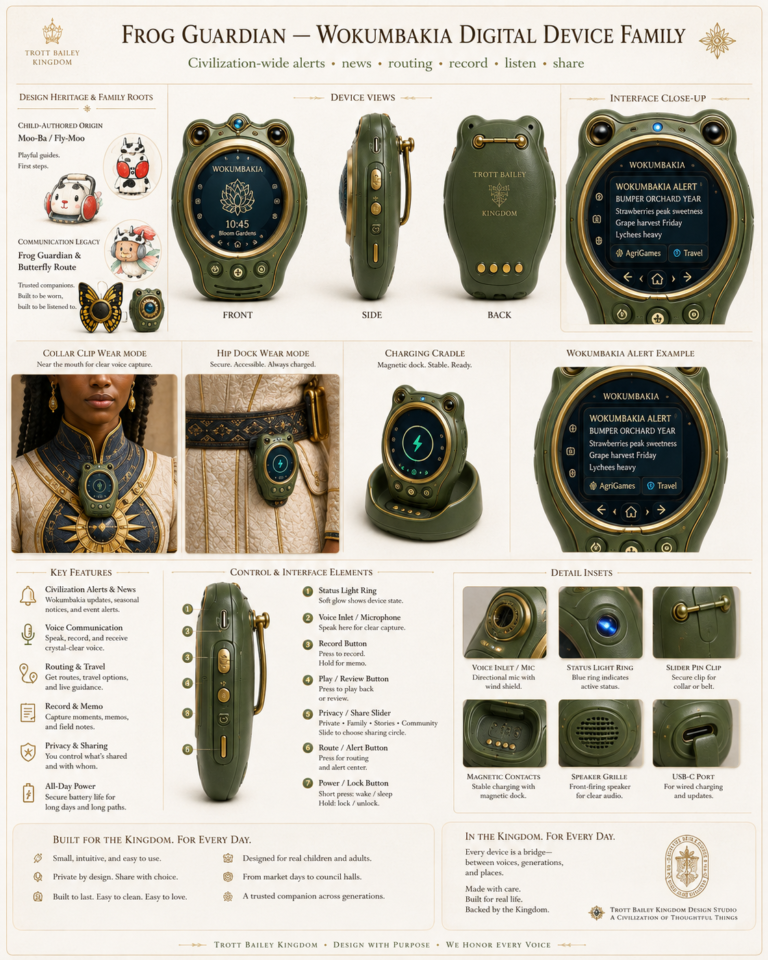 An infographic displaying the “Frog Guardian – Wokumbakia Digital Device Family,” featuring various views, wear modes, and features of a frog-shaped communication device