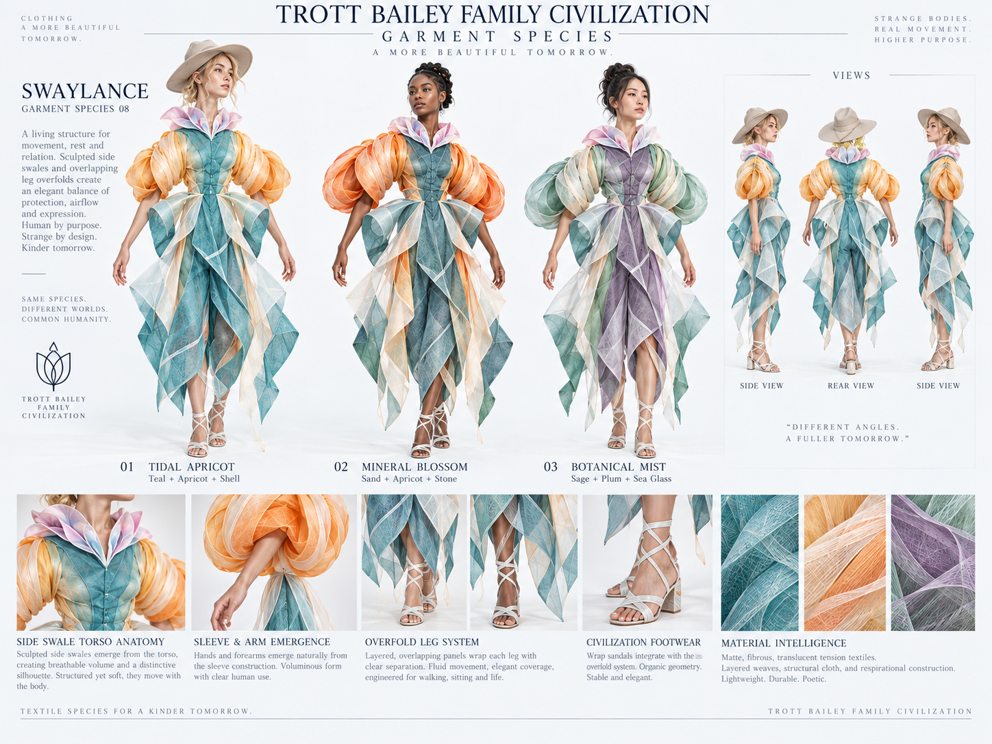 A fashion design board showcasing three models in "Swaylance Garment Species 08" dresses with layered, flowing fabrics in teal, apricot, and purple, along with detailed close-ups of the garment construction and materials