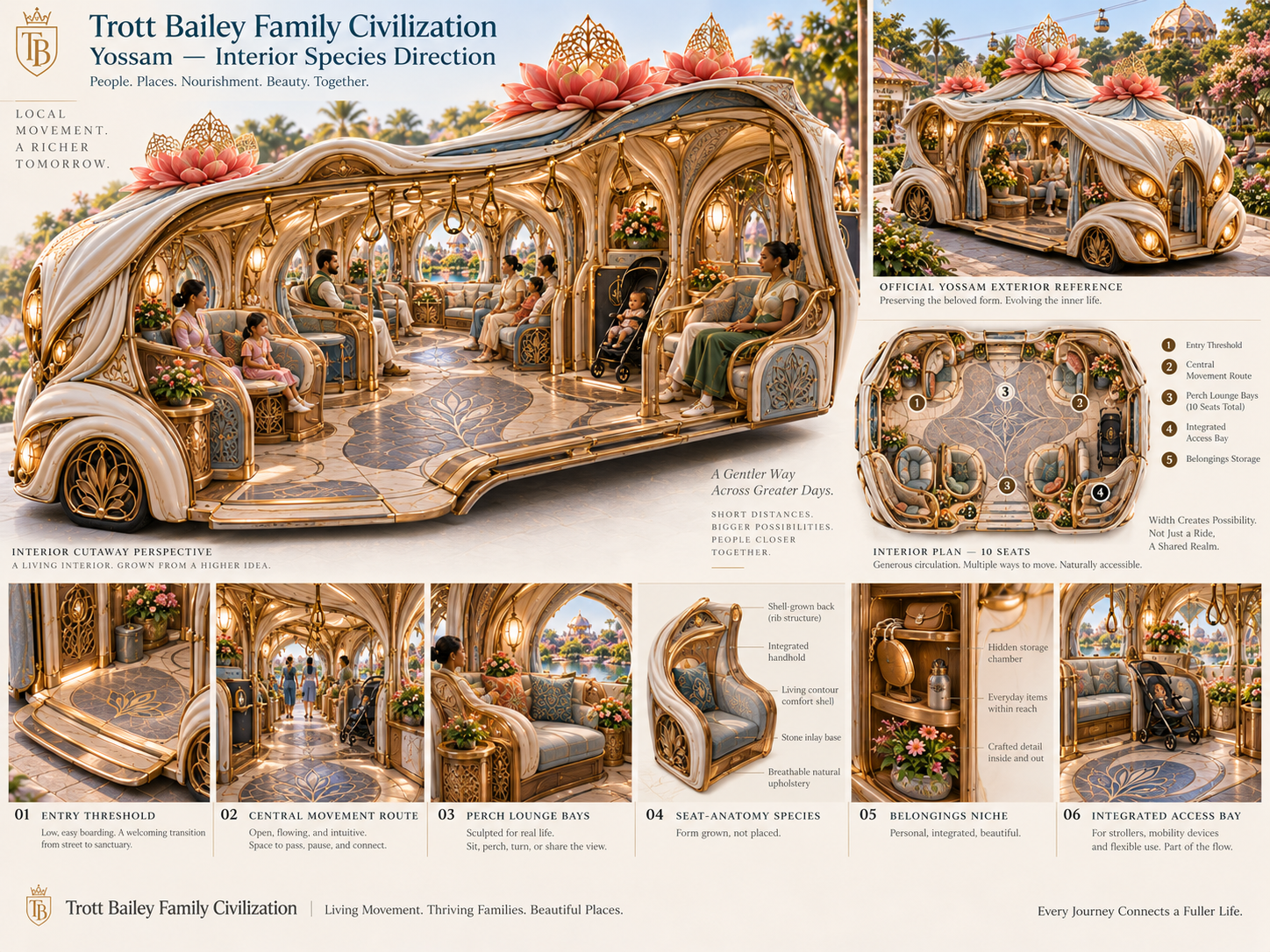 A detailed infographic showcasing the luxurious, ornate interior and exterior design of the "Yossam" public transport vehicle, with people seated inside and close-up views of its features