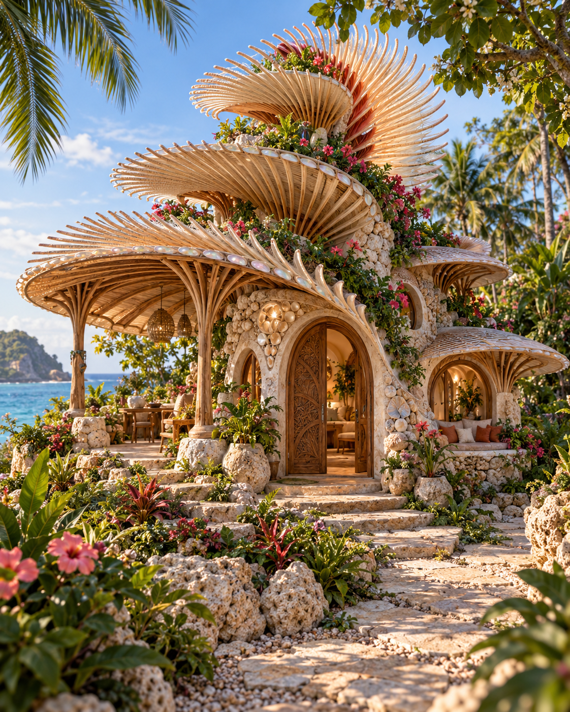 An ornate, multi-tiered stone and wood building with a spiral, shell-like roof, adorned with pink flowers and lush greenery, overlooking a blue ocean