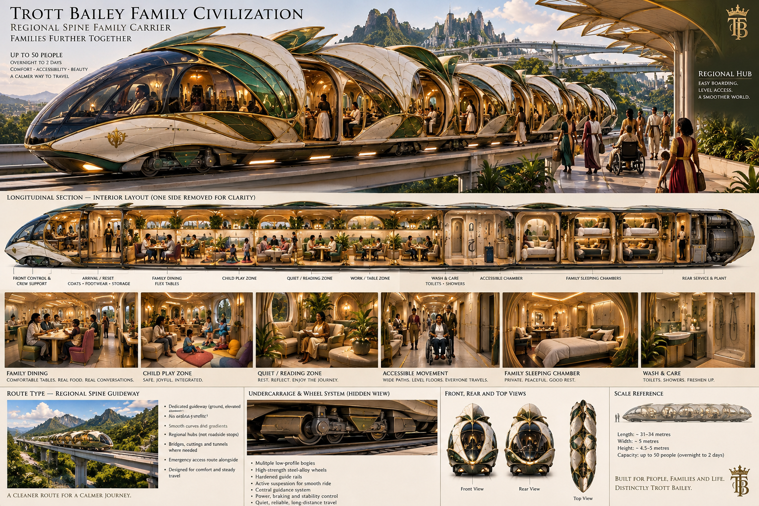 An infographic detailing the "Trott Bailey Family Civilization Regional Spine Family Carrier," a futuristic, multi-car train with luxurious interiors, including dining, play, sleeping, and accessible chambers, shown in a lush, elevated setting with people boarding
