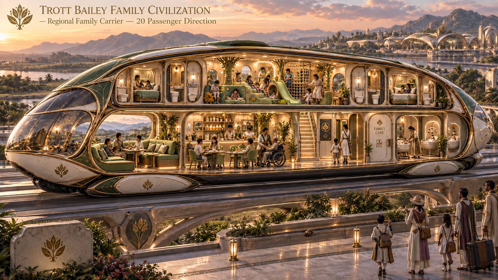 A luxurious, two-story futuristic train with large windows, showing families dining, playing, and resting inside, against a backdrop of mountains and a modern city at sunset