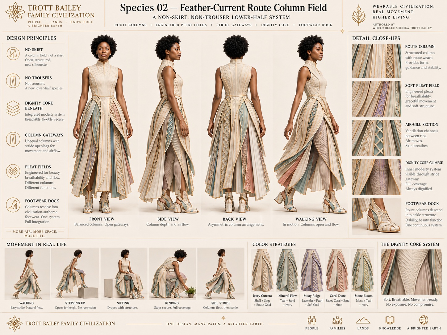 A detailed infographic showcasing a "Feather-Current Route Column Field" garment, with a model in various poses, design principles, close-ups of fabric details, color strategies, and movement examples