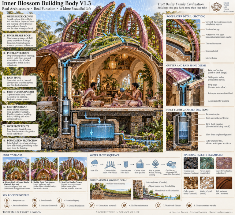 An infographic of the “Inner Blossom Building Body V1.3” shows a cross-section of a sustainable building with a family inside, surrounded by detailed diagrams of its water collection and roof systems