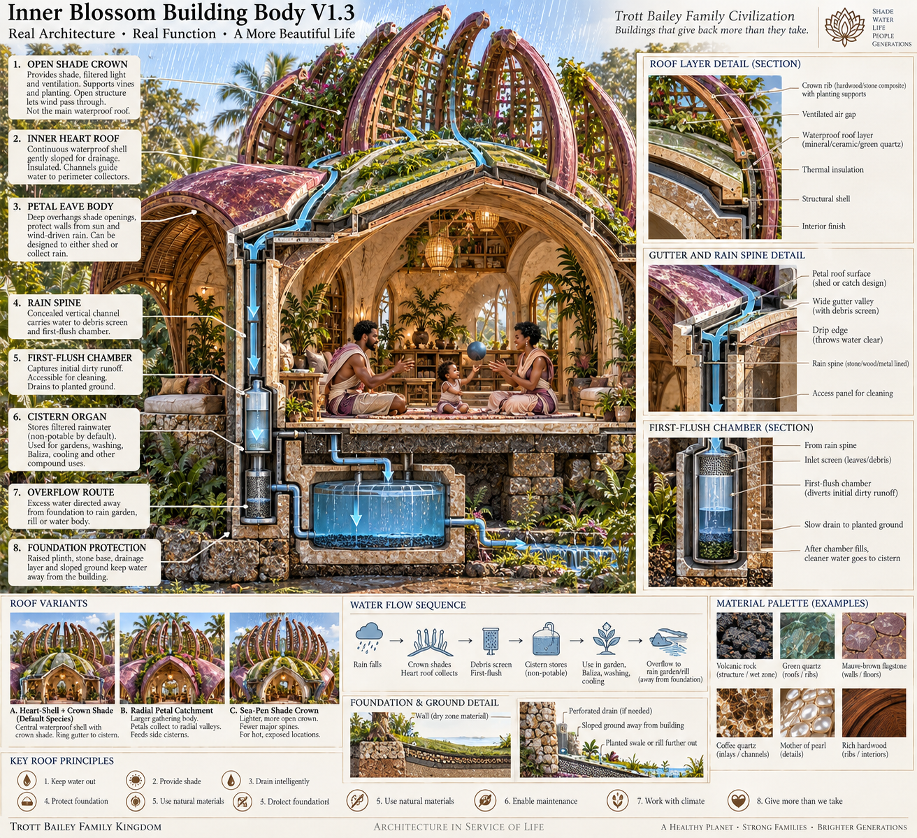 An infographic of the "Inner Blossom Building Body V1.3" shows a cross-section of a sustainable building with a family inside, surrounded by detailed diagrams of its water collection and roof systems