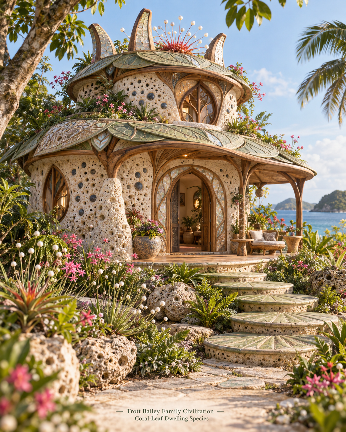 A whimsical, coral-textured house with leaf-shaped roofs and intricate windows, surrounded by lush tropical plants and pink flowers, with a view of the ocean and islands in the background