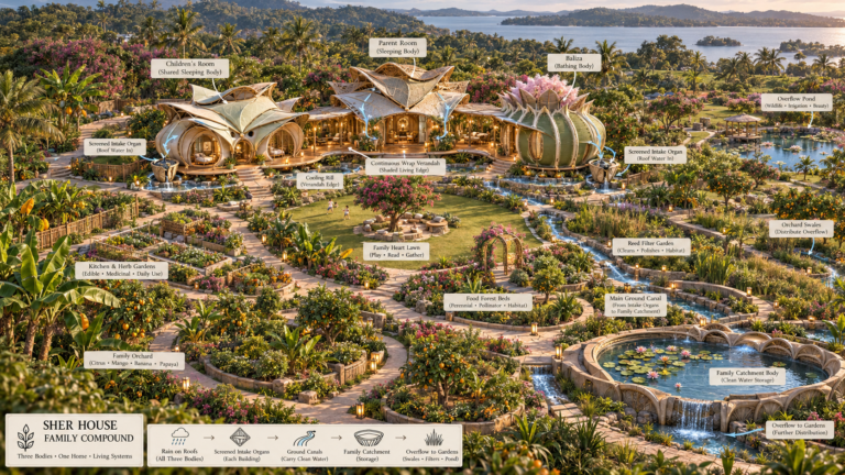 An aerial view of the “Sher House Family Compound,” a lush, self-sustaining tropical complex with three organic-shaped buildings, gardens, water features, and labels for each area