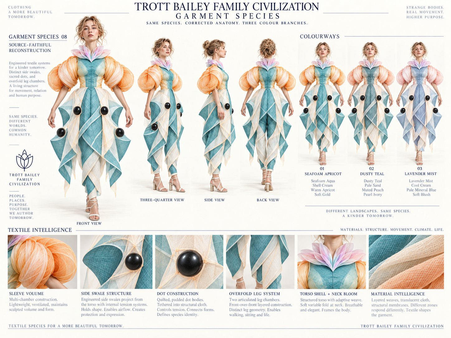 A fashion design concept board titled "Trott Bailey Family Civilization Garment Species 08" featuring a model in a futuristic teal, cream, and orange outfit with puffed sleeves and geometric skirt panels, shown in multiple views and colorways, with detailed textile intelligence sections below
