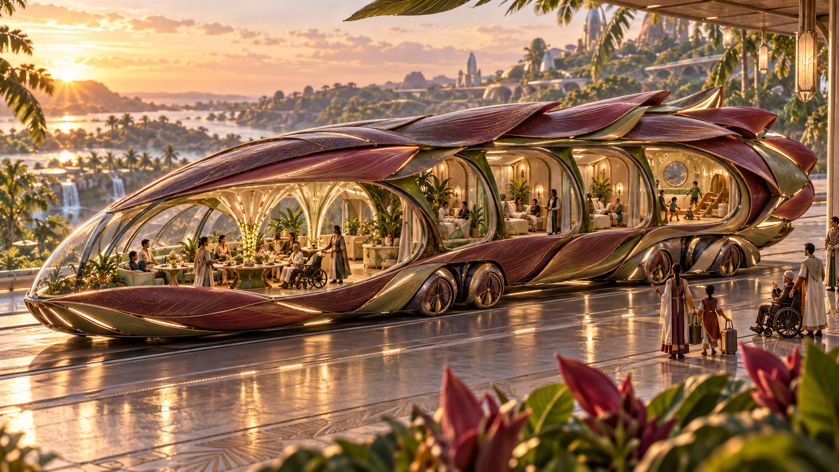 A futuristic, leaf-shaped train with large windows carries passengers dining and relaxing, while others wait on the platform at sunset in a lush, tropical landscape with waterfalls and distant buildings