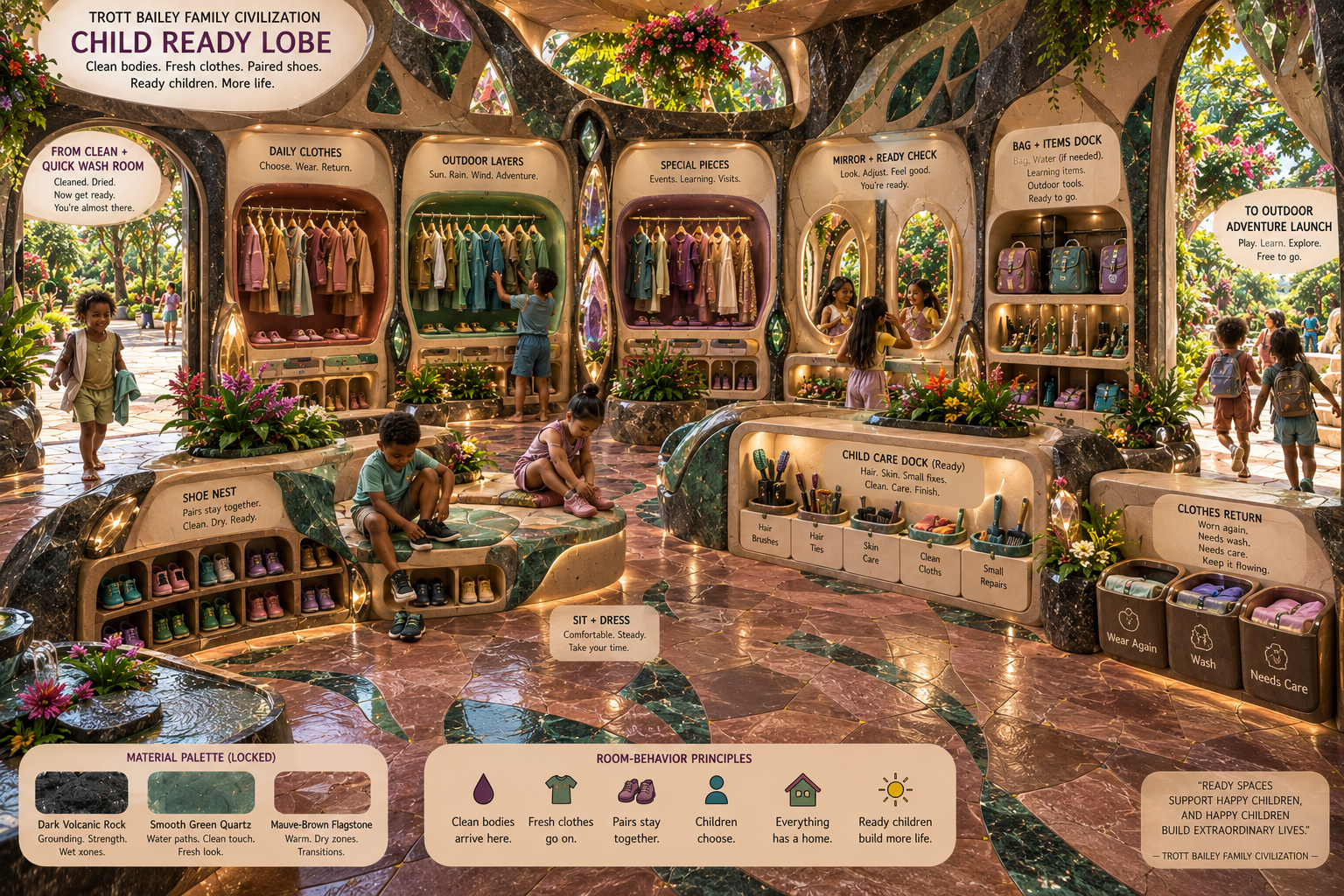Children interact with various stations in a "Child Ready Lobe" room, including selecting clothes, trying on shoes, checking mirrors, and preparing bags, with text labels for each area