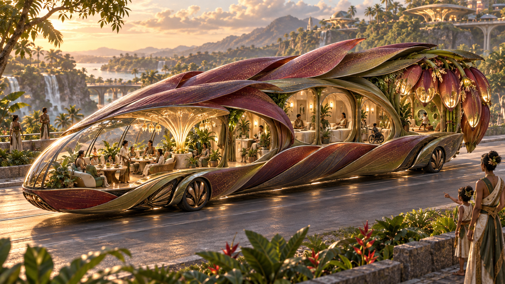 A futuristic, leaf-shaped vehicle with glass interiors where people are dining and relaxing, driving on a road with a tropical landscape and waterfalls in the background