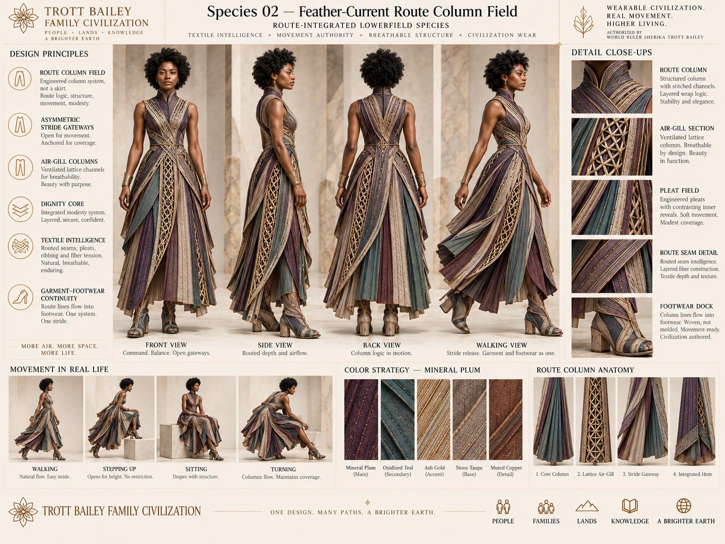 A detailed infographic showcasing a "Feather-Current Route Column Field" dress on a Black woman, with design principles, close-ups, movement examples, color strategy, and anatomy