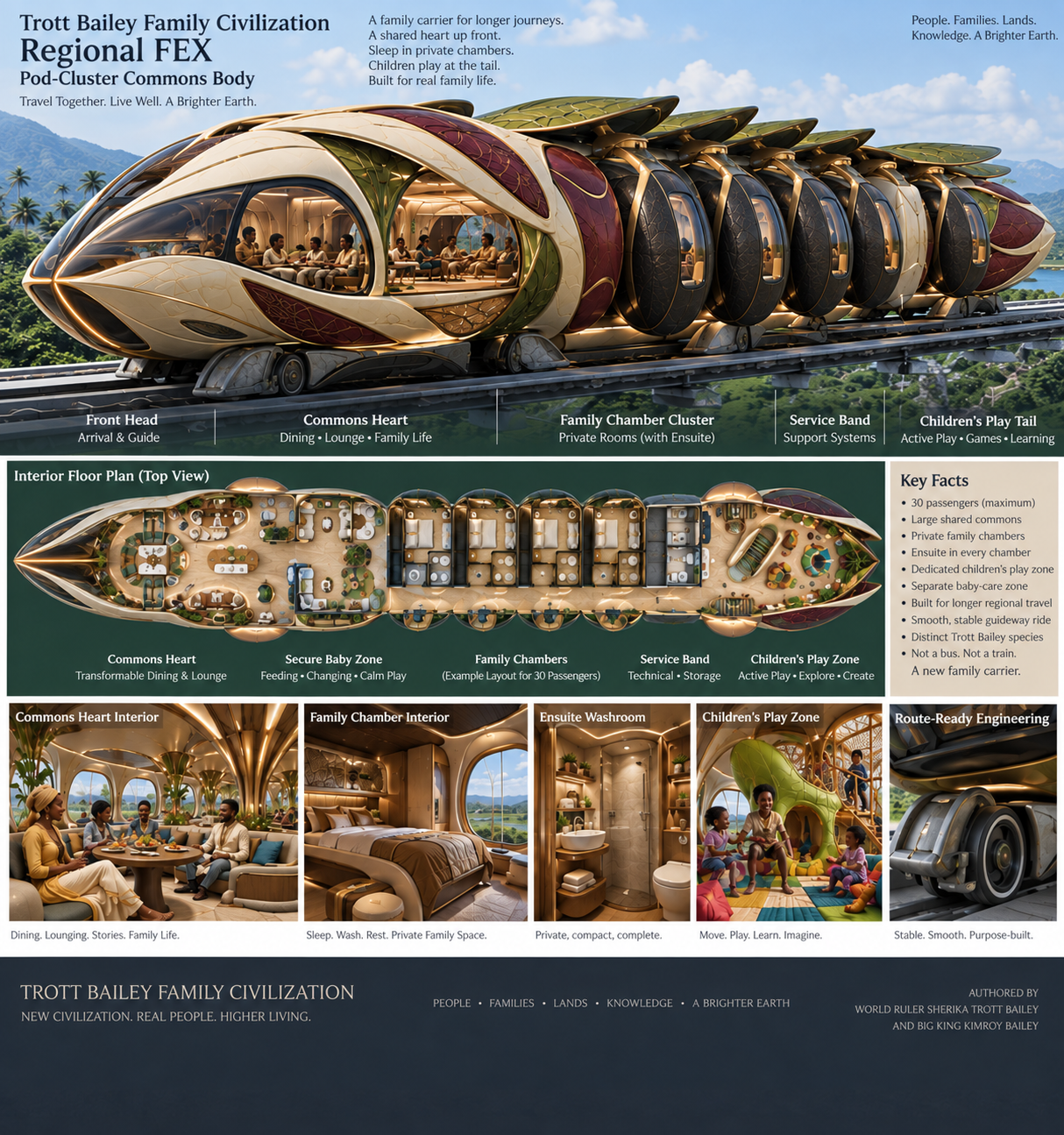 An infographic for "Trott Bailey Family Civilization Regional FEX Pod-Cluster Commons Body" showing a futuristic, multi-car train with interior views of dining, sleeping, and play areas