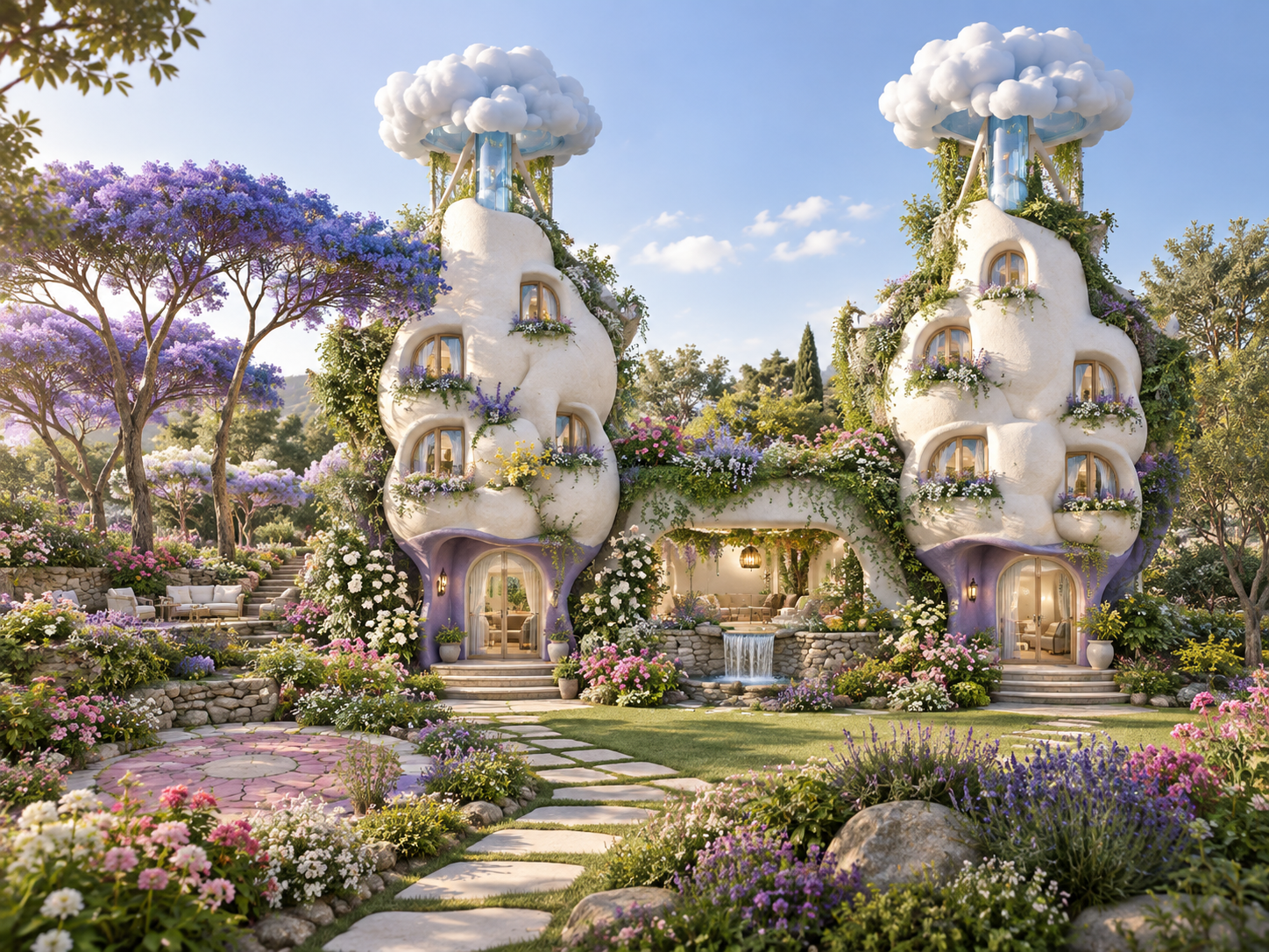 Two whimsical, organic-shaped houses with cloud-like structures on top are nestled in a vibrant garden filled with purple jacaranda trees, flowering bushes, and a small waterfall