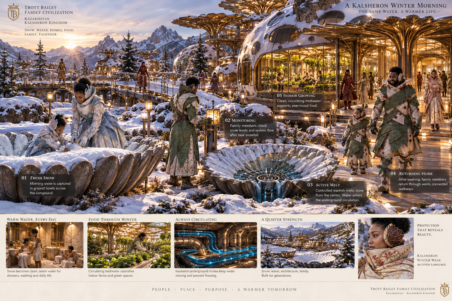 A futuristic winter village with people in ornate clothing collecting snow, monitoring water, and walking through a snowy landscape with advanced architecture