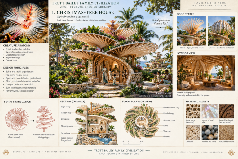 An infographic detailing the “Christmas-Tree House” architectural design, inspired by the Spirobranchus giganteus worm, with a front view of the house, roof states, interior view, section cutaway, floor plan, and material palette