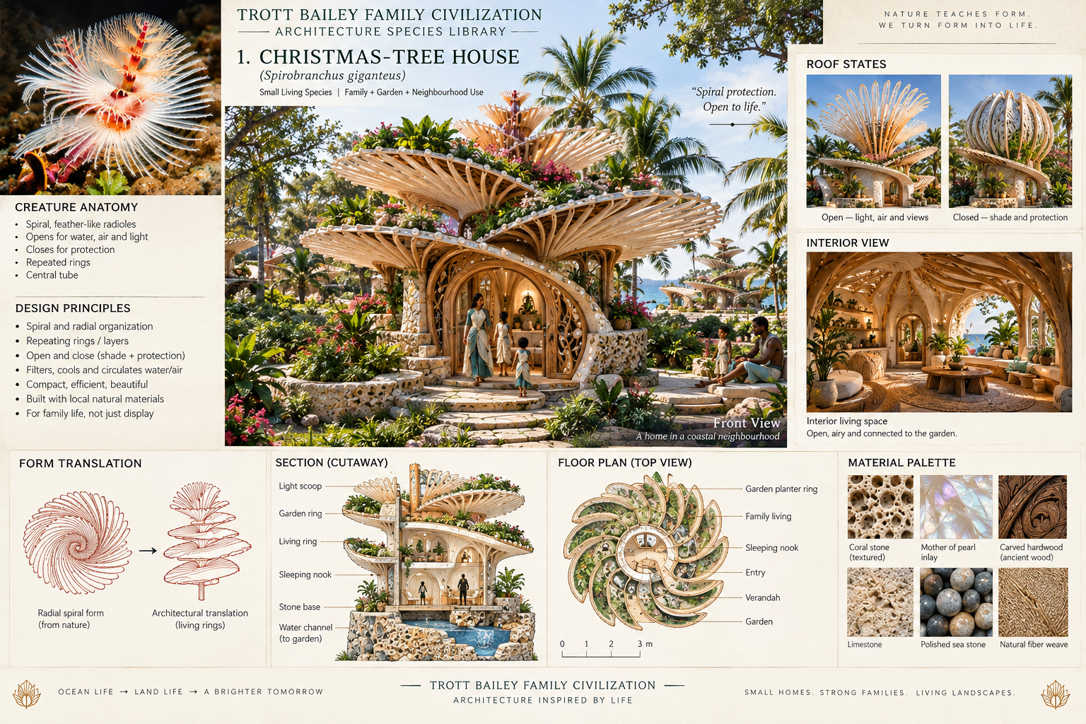 An infographic detailing the "Christmas-Tree House" architectural design, inspired by the Spirobranchus giganteus worm, with a front view of the house, roof states, interior view, section cutaway, floor plan, and material palette