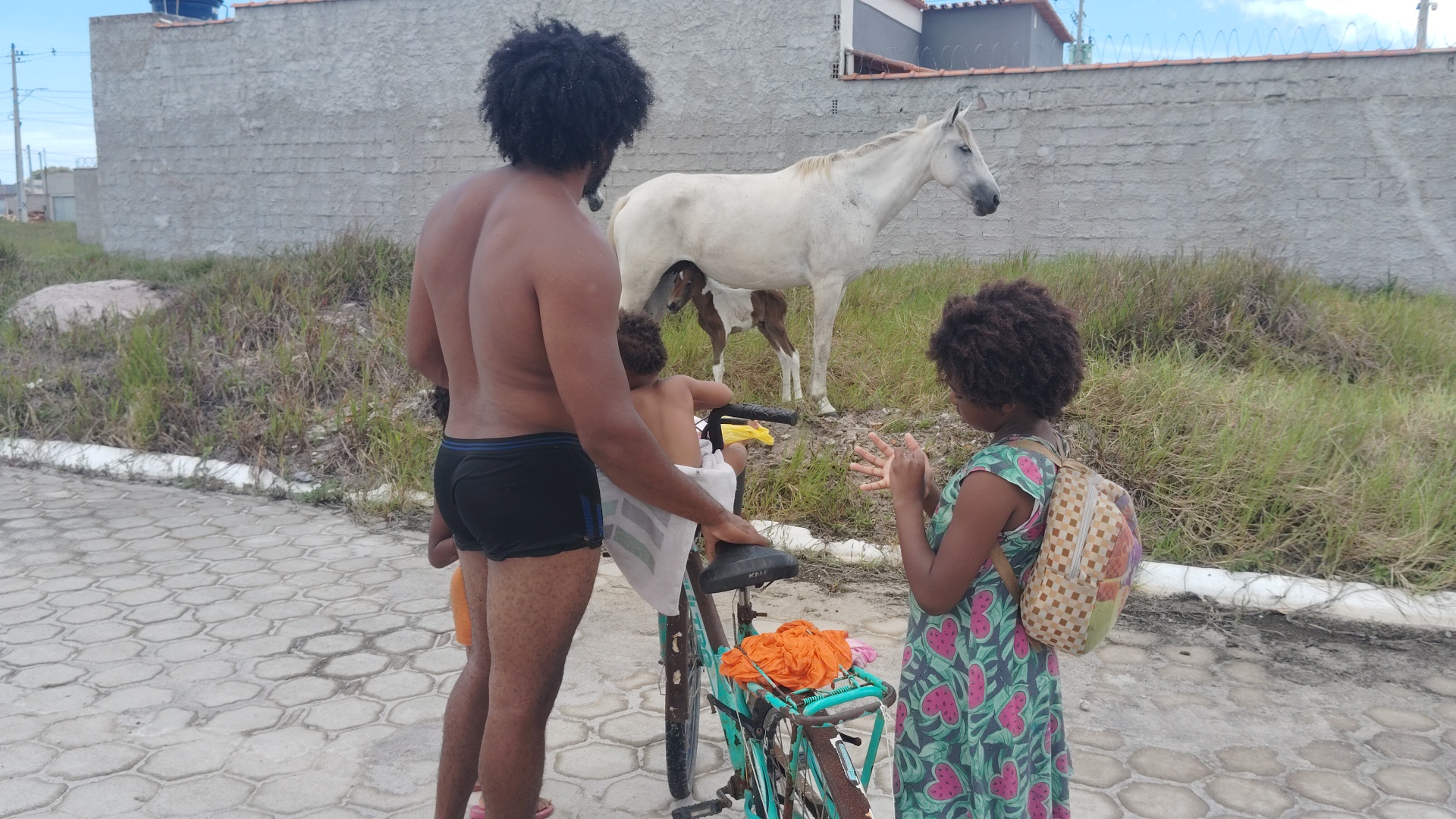 A shirtless man in swim trunks stands with two children and a bicycle, watching a white horse and its foal in a grassy field