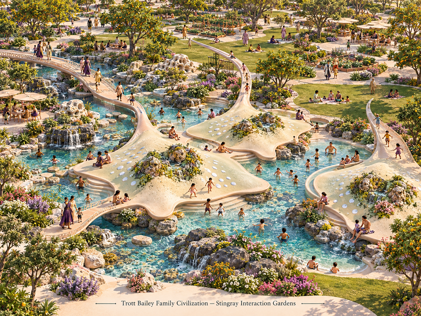 An aerial view of a vibrant, futuristic park with people swimming in clear blue water, walking on bridges, and relaxing on stingray-shaped islands
