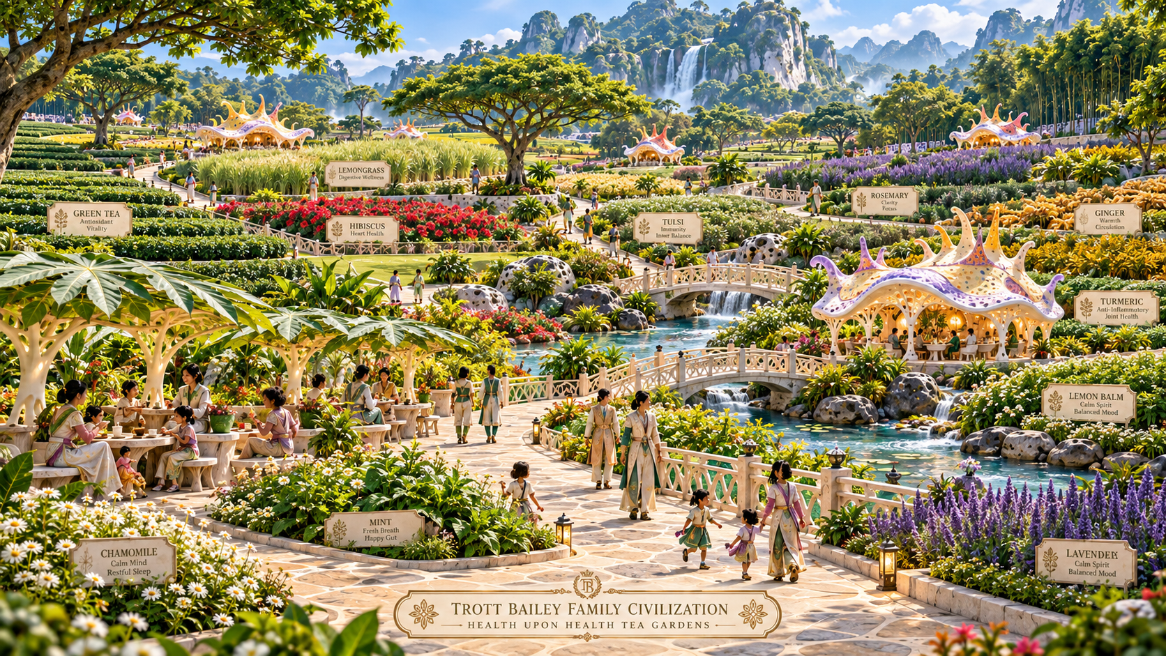 A vibrant, fantastical garden with waterfalls, bridges, and people enjoying tea, featuring labeled plants like Chamomile, Mint, and Lavender