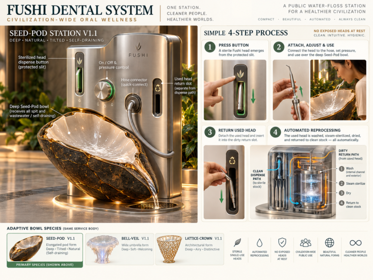An infographic for the Fushi Dental System, showing a “Seed-Pod Station V1.1” with a dark, leaf-shaped bowl, and a “Simple 4-Step Process” for using and reprocessing a dental water flosser
