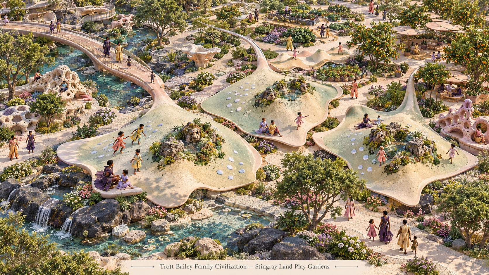 An aerial view of a vibrant, futuristic park with people walking on bridges and playing on stingray-shaped structures amidst lush greenery and waterfalls