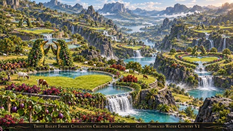 A vast, lush landscape of terraced gardens with waterfalls, ponds, and grazing goats, featuring two large bird-shaped topiary structures and a heart-shaped pond