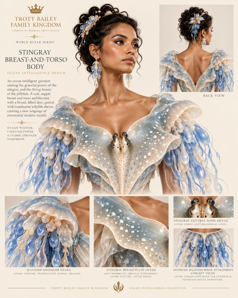 A collage of a woman wearing a blue and white jellyfish-inspired gown with detailed close-ups of the garment’s texture and design