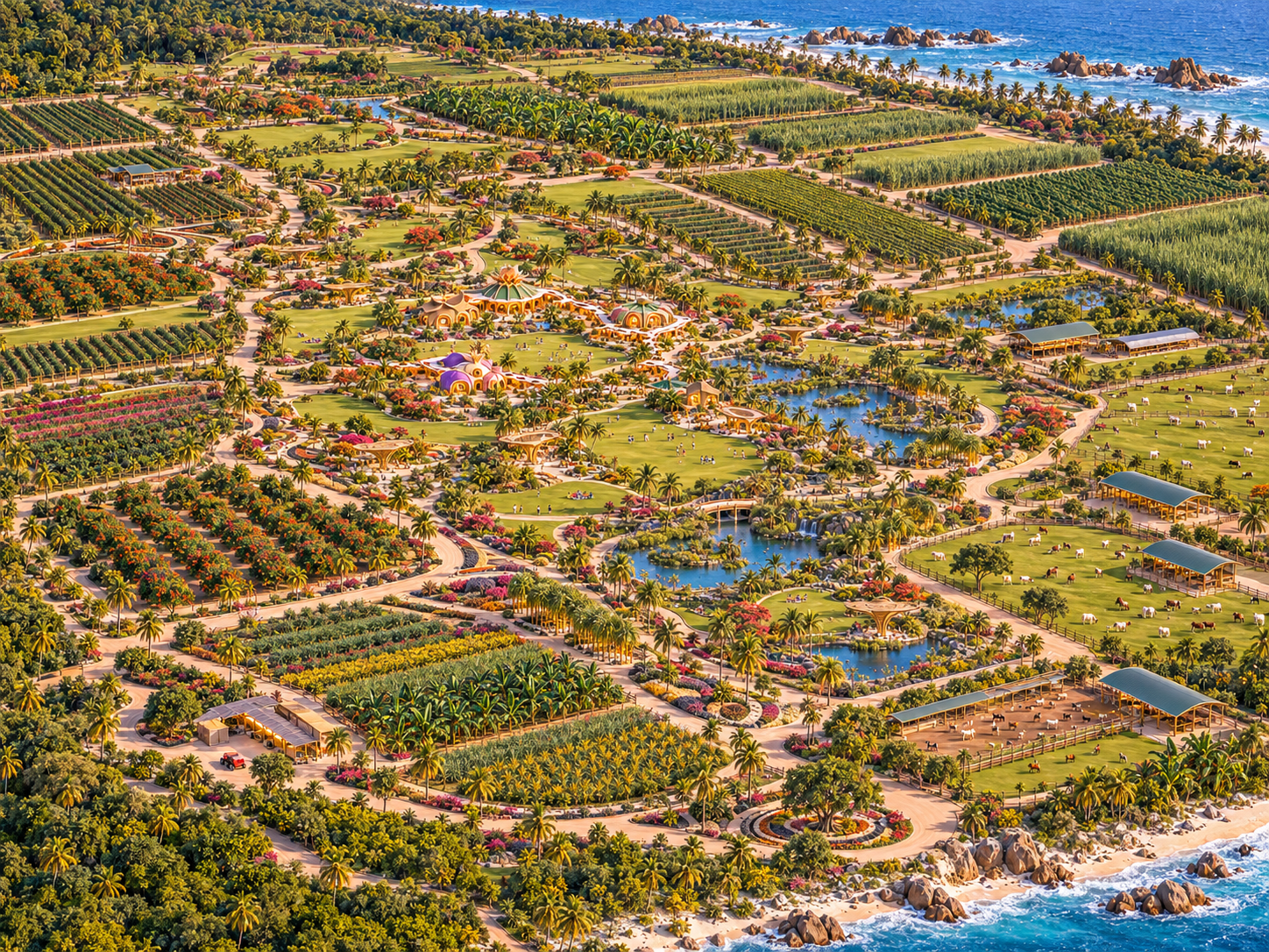 An aerial view of a large coastal resort with cultivated fields, palm trees, lakes, buildings, and a beach with rocky outcrops