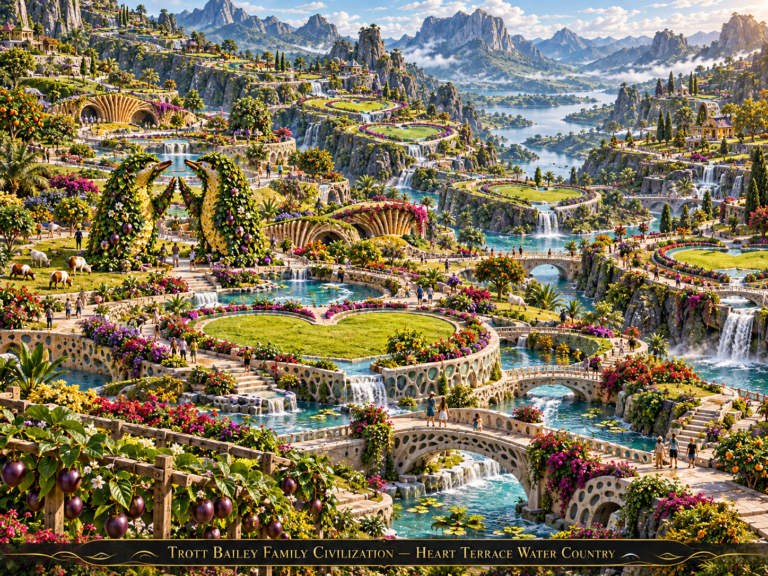A vibrant, lush landscape with terraced gardens, waterfalls, bridges, and people walking, set against a backdrop of mountains and a lake