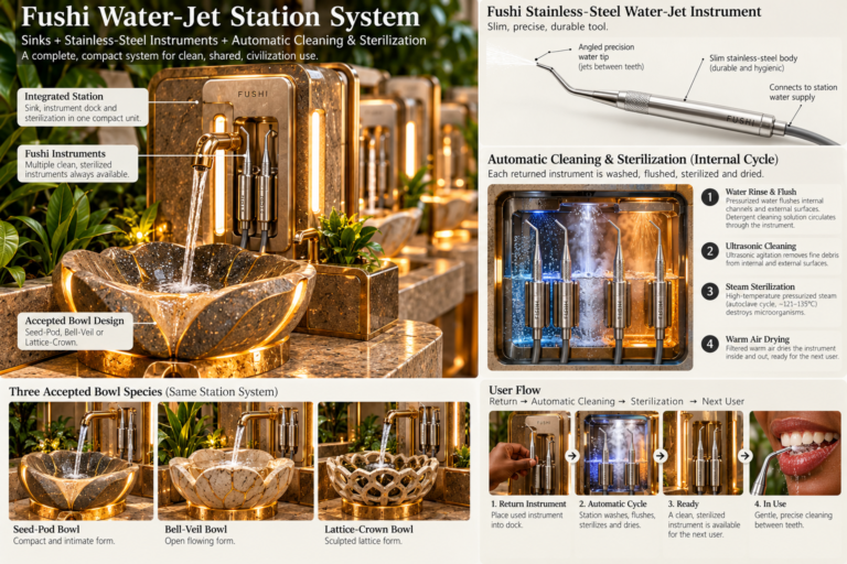 A detailed infographic showcasing the Fushi Water-Jet Station System, including its design, automatic cleaning process, and user flow, with images of the station, instruments, and bowls