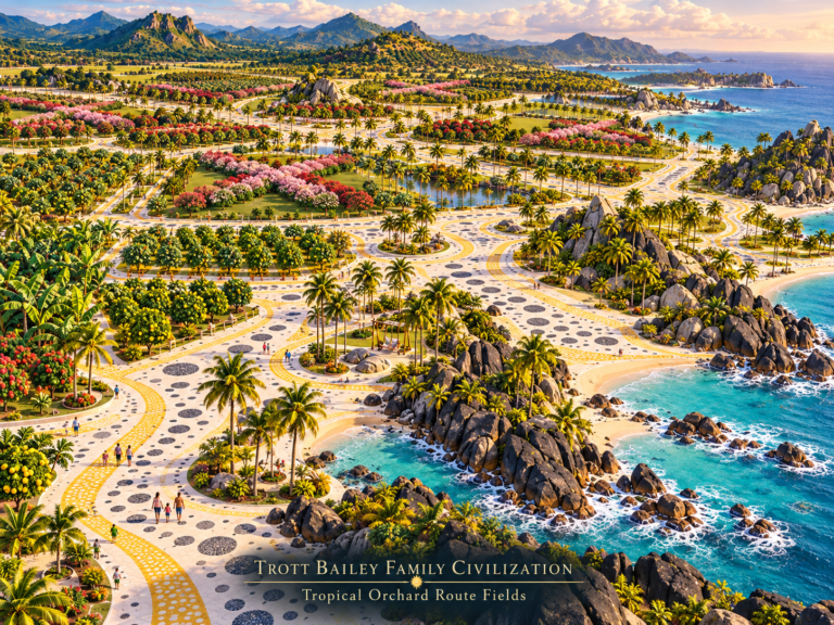 An aerial view of a tropical coastal landscape with winding paths, palm trees, orchards, beaches, and mountains in the background