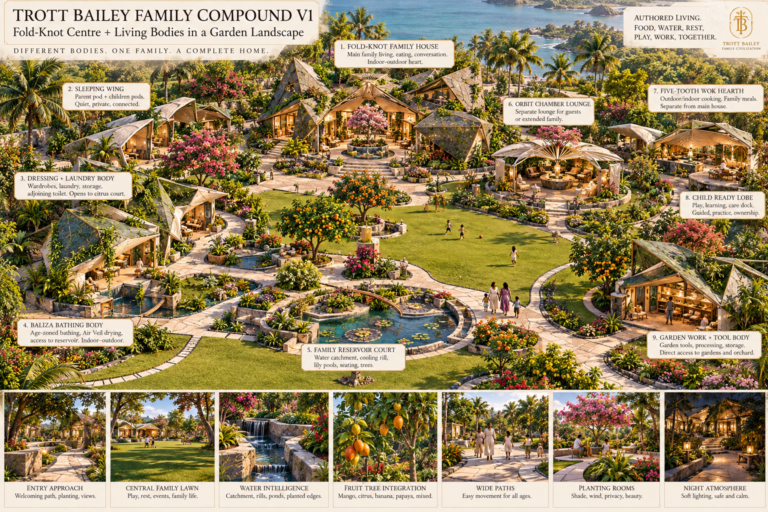 An aerial architectural rendering of the “Trott Bailey Family Compound V1” with multiple buildings, lush gardens, and water features, set against a tropical ocean backdrop