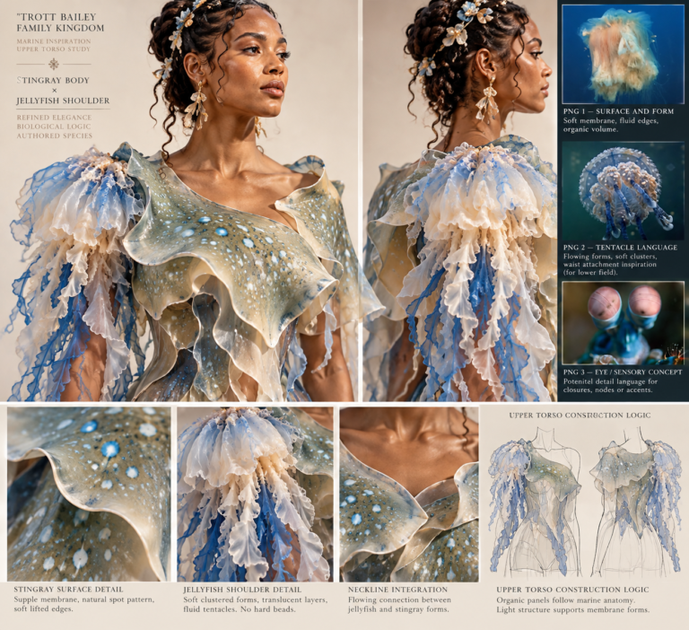 A woman models a dress inspired by marine life, featuring a stingray-like bodice with blue spots and jellyfish-like ruffled shoulders in blue and cream