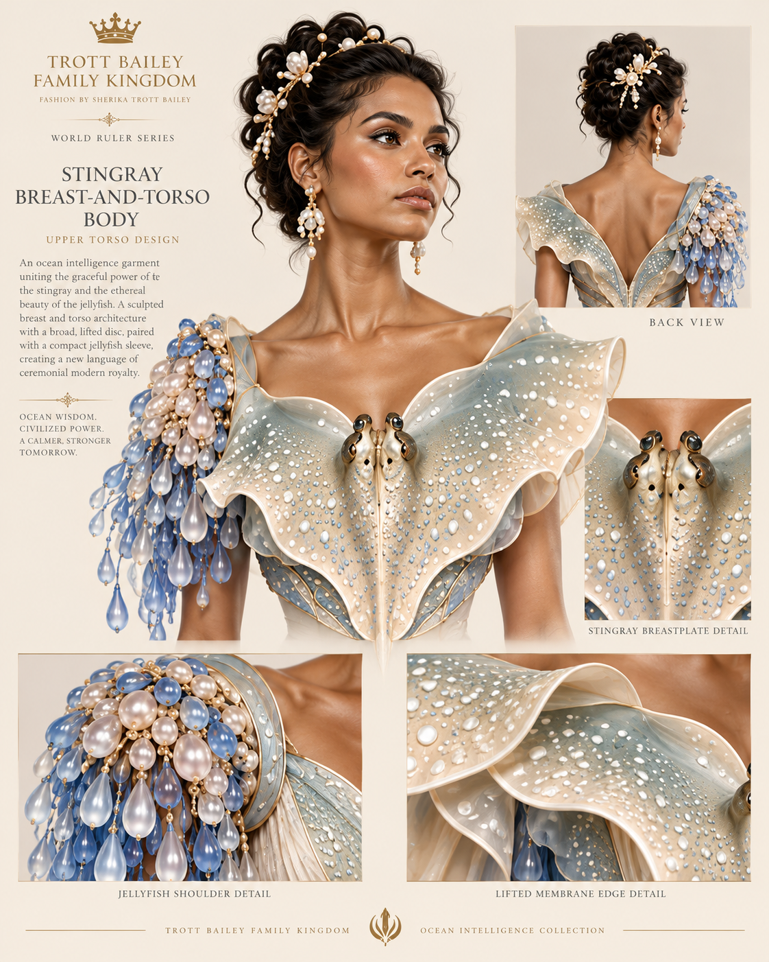 A woman models a "Stingray Breast-and-Torso Body" garment with a pearl-encrusted jellyfish shoulder and a stingray-shaped breastplate, detailed with text "TROTT BAILEY FAMILY KINGDOM