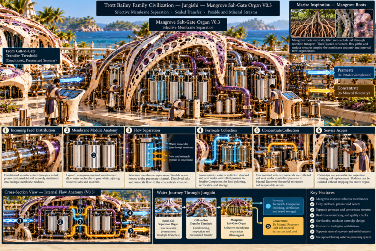 An infographic titled “Mangrove Salt-Gate Organ V0.3 Selective Membrane Separation” shows a futuristic water purification system with workers, diagrams, and text explaining the process