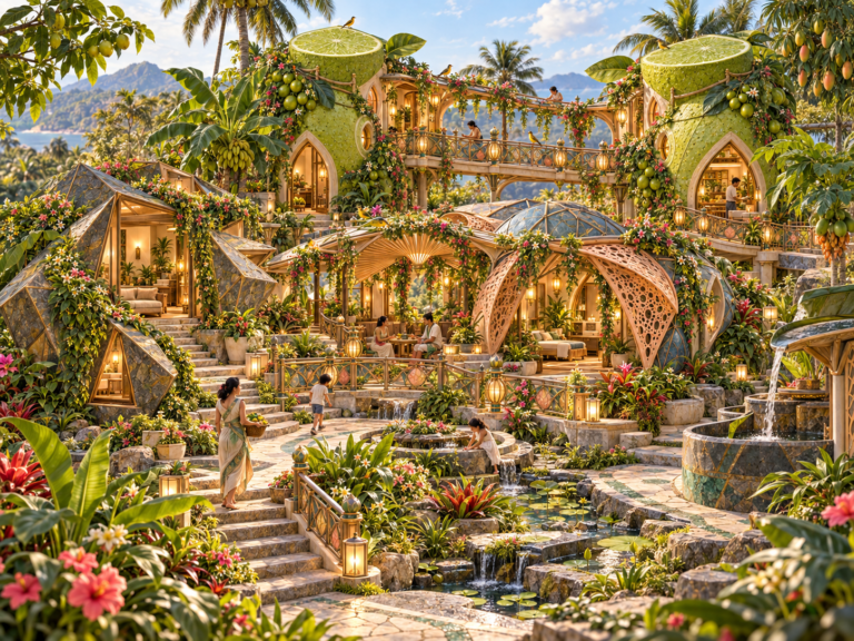 A whimsical, multi-tiered resort built into a lush, tropical hillside with lime-shaped structures, waterfalls, and people relaxing