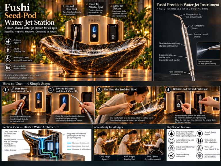 An infographic detailing the Fushi Seed-Pod Water-Jet Station, showing its features, how to use it, the water architecture, accessibility for all ages, and key station features