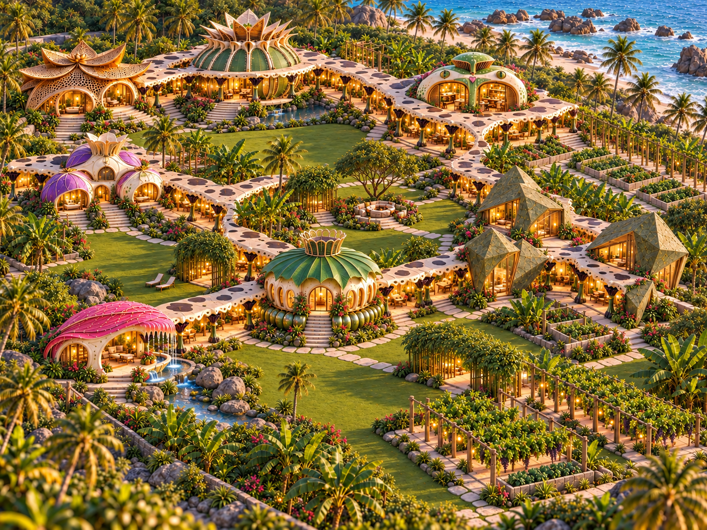 An aerial view of a vibrant, fantastical resort with unique, organic-shaped buildings, lush gardens, and palm trees next to a blue ocean